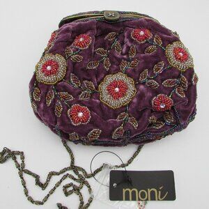 Moni Couture Beaded Purple Velvet Small Hinged Purse With Shoulder Strap NWT